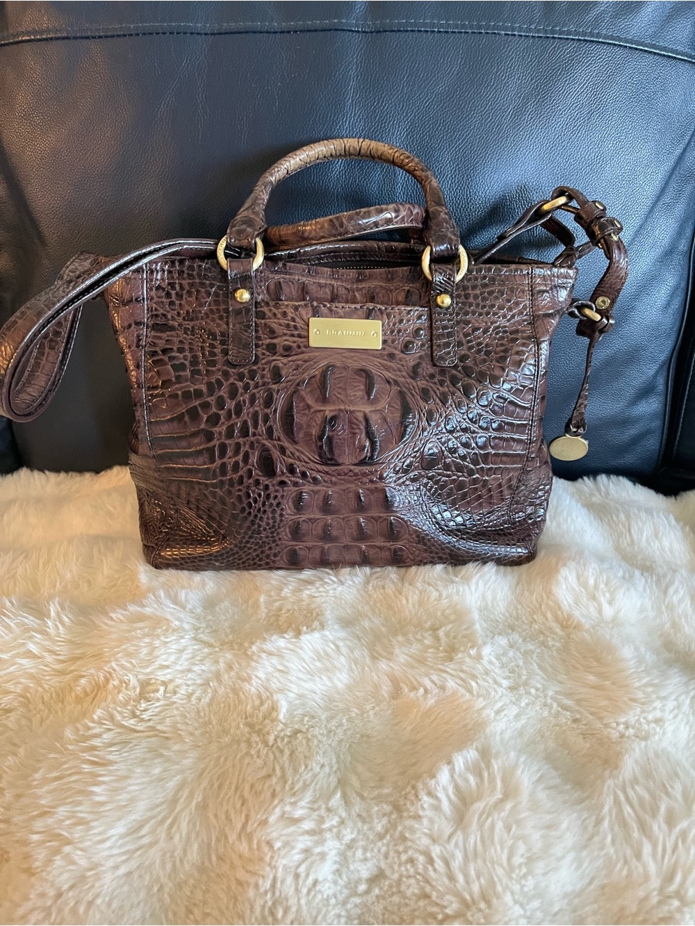 Brahmin Chocolate Brown Croc-Embossed Leather Satchel with Top Handles